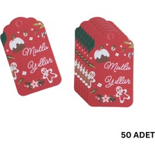 Yılbaşı Mutlu Yıllar Yazılı Hediye Etiketi, Yeniyıl Paketleme Kartı, 50 Adet-4,5x7.5cm, Kırmızı