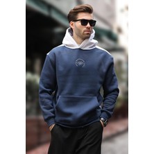 Lacivert Kapüşonlu Renk Bloklu Nakış Detaylı Erkek Sweatshirt 7088