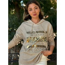 NC56152 Italyan Leopar Baskılı Kapüşonlu Sweatshirt Krem
