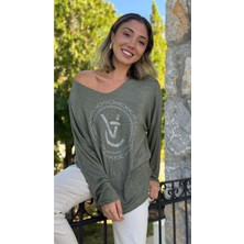 LS82681 Italyan Taş Baskılı Triko Bluz Haki