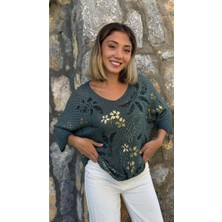 LS7514 Italyan Yaprak Desen Triko Bluz Petrol