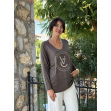 LS82681 Italyan Taş Baskılı Triko Bluz Kahverengi