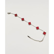 Çelik Koyu Kırmızı Yonca Bileklik Gümüş Renk