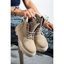 Et-Znn-Krem Süet Bağcıklı Yüksek Taban Kadın Bot