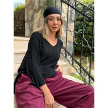 LS8713 Italyan Çizgi Desenli Triko Bluz Siyah