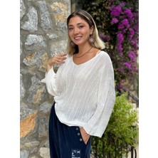 LS8713 Italyan Çizgi Desenli Triko Bluz Beyaz