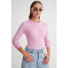 6938 Kadın Bisiklet Yaka Fitilli Triko Body Pembe
