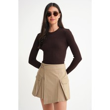 6938 Kadın Bisiklet Yaka Fitilli Triko Body Kahve