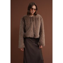 4749 Kadın Astarlı Bisiklet Yaka Premium Kürk Mont Kahve