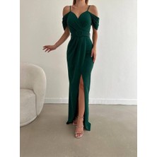 Moda Feminen Düşük Omuz Yırtmaçlı Kemerli Elbise 582134 Zümrüt