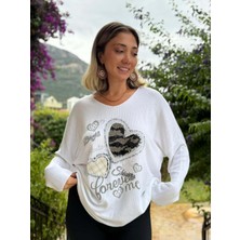 LS6211 Italyan Kalp Desenli Triko Bluz Beyaz