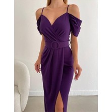 Moda Feminen Düşük Omuz Yırtmaçlı Kemerli Elbise 582134 Mor