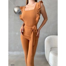 Moda Feminen Kolu Fırfırlı Kuşaklı Tulum  582019 Camel