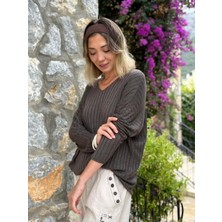 LS5510 Italyan V Yaka Triko Bluz Kahve