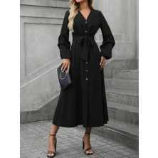 Kadın Uzun Kollu Derin V Yakalı Belden Kuşaklı Önden Düğmeli Janjan Krep Elbise