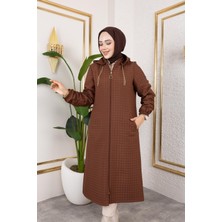 Cevher Kadın Büyük Beden Fermuarlı Kapüşonlu Örme Kapitone Ceket/mont