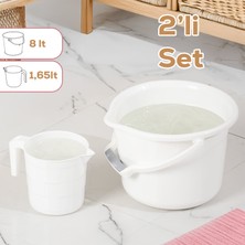 2li Banyo Balkon Temizlik Seti 8l Kulplu Kova 1,65L Maşrapa Banyo Seti Beyaz