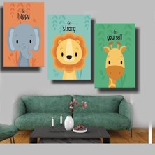 Özkacar Group 3 Lü Tasarım Çocuk Odası Hayvanlar V1 Ev Duvar Salon Güzellik Salonu Ofis Dükkan Dekarasyon Kanvas Tablo
