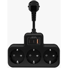 Çoklu Kablolu Priz Yüksek Gerilim Korumalı 3’lü Priz 1x USB 2x Type-C Çıkışlı Grup Priz Çoğaltıcı Siyah