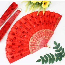 Plastik Pullu Kumaş Yelpaze 12'li Kırmızı