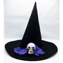 Siyah Renk Mavi Duvaklı Kuru Kafa Temalı Cadı Şapkası 35X38 cm