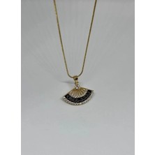 Yelpaze Model Siyah Taşlı Çelik Gold Kolye