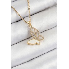 316L Çelik Zirkon Taşlı Kelebek Model Gold Renk Kadın Kolye - TJ-BKO10359