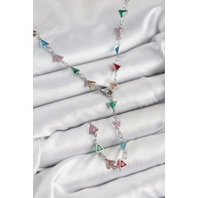 Pirinç Renkli Zirkon Taşlı Üçgen Model Gümüş Renk Kadın Y Kolye - TJ-BKO10383