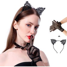 Siyah Kedi Dantel Taç + Eldiven Seti – Parti, Dans ve Kostüm Kombini