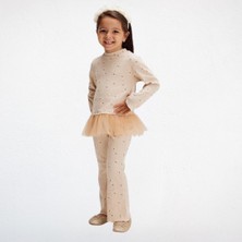 Çiçek Desenli Tütü Detaylı Çocuk Takımı – Bej