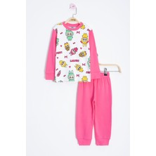 Ekru Karakter Desenli Yazılı Kız Çocuk Pijama Takımı 22768