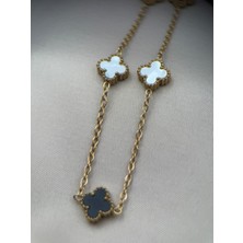 Gold Siyah Beyaz Renk Yonca Detaylı Kararmaz Çelik kolye