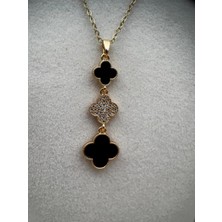 Gümüş Siyah Renk Yonca ve Taş Detaylı 40+5CM Kararmaz Çelik Kolye