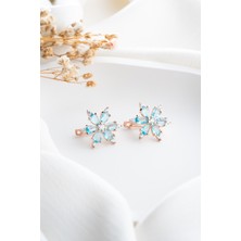 925 Ayar Gümüş Rose Kaplama Aquamarin Taşlı Çiçek Küpe