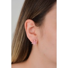 925 Ayar Rose Kaplama Pembe Taşlı Çiçek Küpe Kadın Gümüş
