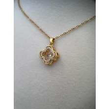 Çiçek Motifli Taş Detaylı Gold 45+5CM Ayarlanabilir Kararmaz Çelik Kolye