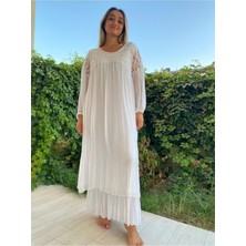 Kadın Beyaz Dantelli Robalı Uzun Ipek Elbise