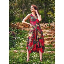 Etnik Desenli Asimetrik Kesim Kırmızı Elbise