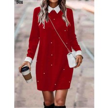 Kadın Uzun Kollu Polo Yaka Inci Detay Krep Elbise, Kırmızı Gül Figürlü Kolye Hediye