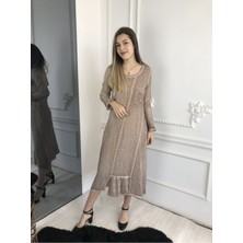 Kadın Ekru Uzun Kollu Antik Dokuma Elbise