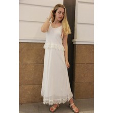 Kadın Beyaz Dantel Detaylı Askılı Zarif Elbise