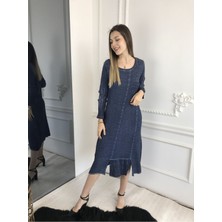 Kadın Koyu Mavi Uzun Kollu Antik Dokuma Elbise