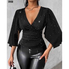 Kadın Truvakal Kollu Kruvaze Yakalı Simli Sandy Bluz, Kırmızı Gül Figürlü Kolye Hediye