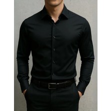 Zikuv Slim Fit Siyah Erkek Gömlek Kolay Ütü Nefes Alan Doku Casual Stil Modern Kesim