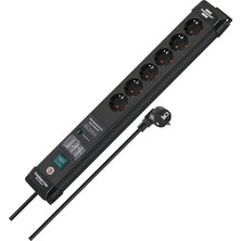 Premium-Line 6'lı Grup Priz, 60.000 A'ya Kadar Yüksek Gerilim Korumalı (Anahtarlı ve 3 M Kablolu Çoklu Priz, Duvar Montajı, Alman Malı) Siyah