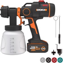 WX020 20VOLT 4.0AH. Li-Ion Tek Akülü Şarjlı Kömürsüz Devir Ayarlı Boya Tabancası + 4 Parça Yedek Nozul/meme