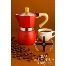 Modacar Italyan Moka Pot - 6061 Saf Alüminyum  Ahşap Saplı - 3 Kişilik Kırmızı