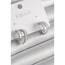 Pirinç Gümüş Renk 2'li Zirkon Taşlı Halka Model Kadın Küpe - TJ-BKP9976