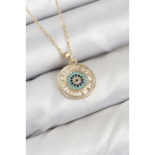 Pirinç Zirkon Taşlı Su Yolu Nazar Model Gold Renk Kadın Kolye - TJ-BKO10428