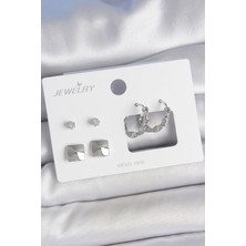 Pirinç Gümüş Renk Zirkon Taşlı Burgu Halka Model Kare Detay 3 Çift Kadın Küpe Seti - TJ-BKP10605